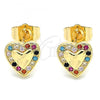 Oro Laminado Stud Earring, Gold Filled Style Heart Design, with Multicolor Micro Pave, Polished, Golden Finish, 02.233.0048.2