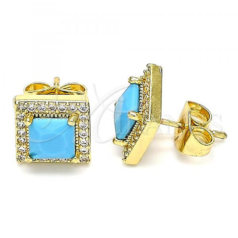Oro Laminado Stud Earring, Gold Filled Style with Turquoise Cubic Zirconia and White Micro Pave, Polished, Golden Finish, 02.210.0477.2