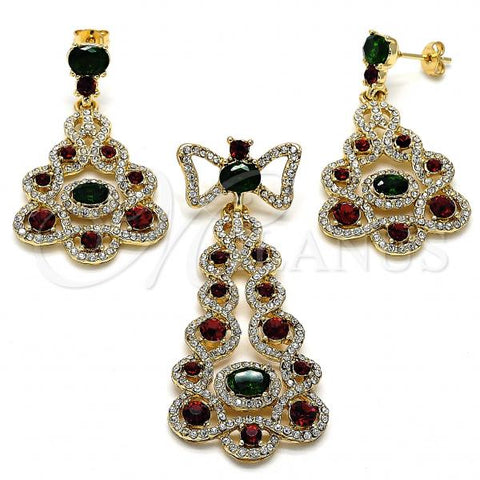 Oro Laminado Earring and Pendant Adult Set, Gold Filled Style Bow Design, with Garnet and White Cubic Zirconia, Polished, Golden Finish, 10.91.0300.2