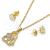 Oro Laminado Earring and Pendant Adult Set, Gold Filled Style Elephant Design, with White Micro Pave, Polished, Golden Finish, 10.233.0014