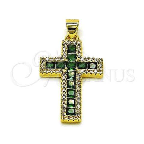 Oro Laminado Fancy Pendant, Gold Filled Style Cross Design, with Green Cubic Zirconia and White Micro Pave, Polished, Golden Finish, 05.341.0103.1