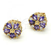 Oro Laminado Stud Earring, Gold Filled Style Flower Design, with Amethyst and White Cubic Zirconia, Polished, Golden Finish, 02.210.0040.5