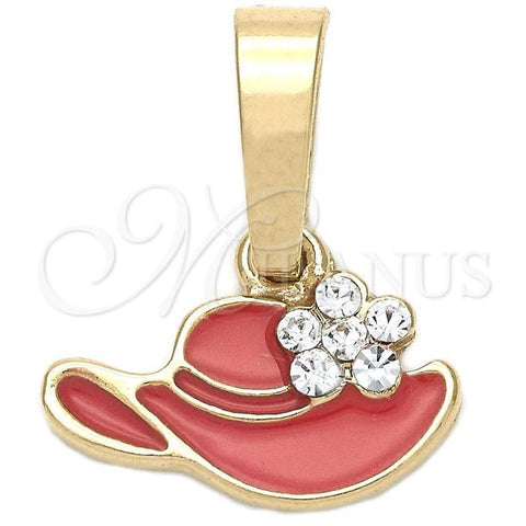 Oro Laminado Fancy Pendant, Gold Filled Style Hat and Flower Design, with White Crystal, Pink Enamel Finish, Golden Finish, 05.163.0056.1