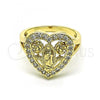Oro Laminado Multi Stone Ring, Gold Filled Style Guadalupe and Heart Design, with White Cubic Zirconia, Polished, Golden Finish, 01.380.0028.09