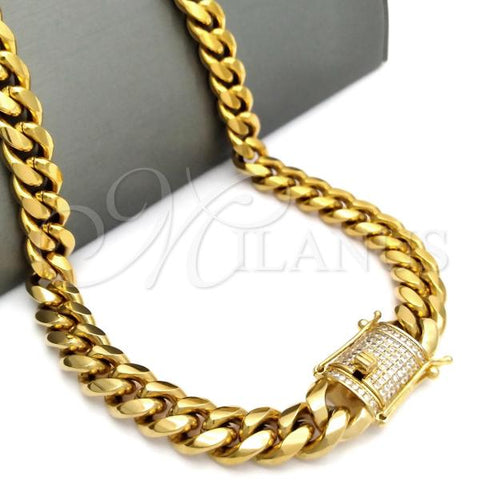 Oro Laminado Basic Necklace, Gold Filled Style Miami Cuban Design, with White Micro Pave, Polished, Golden Finish, 03.278.0004.20