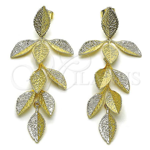 Oro Laminado Long Earring, Gold Filled Style Leaf Design, Diamond Cutting Finish, Golden Finish, 02.385.0067