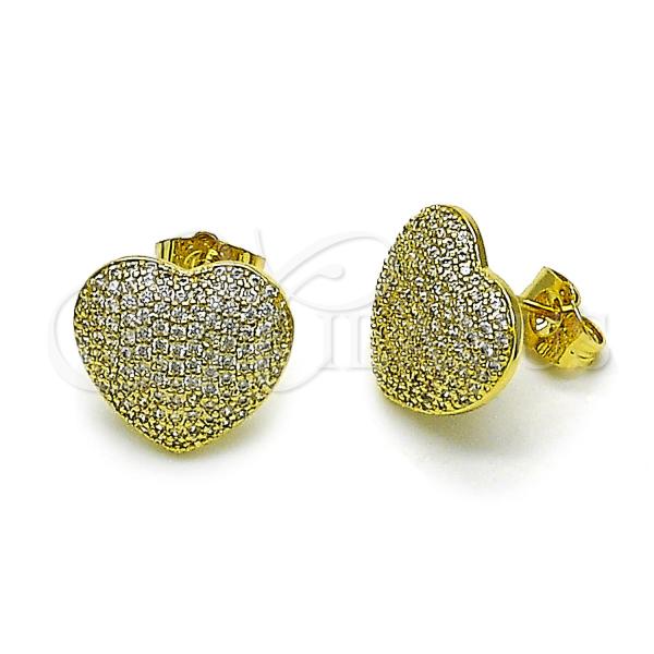 Oro Laminado Stud Earring, Gold Filled Style Heart Design, with White Micro Pave, Polished, Golden Finish, 02.156.0697