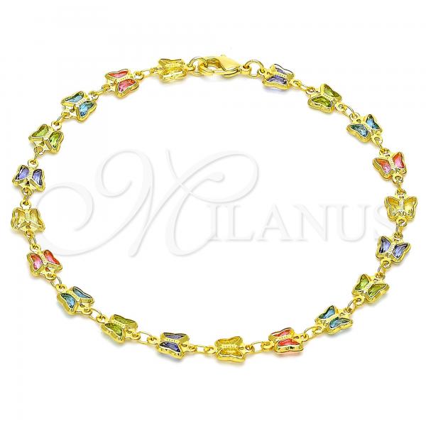 Oro Laminado Fancy Anklet, Gold Filled Style Butterfly Design, with Multicolor Crystal, Polished, Golden Finish, 03.386.0012.10