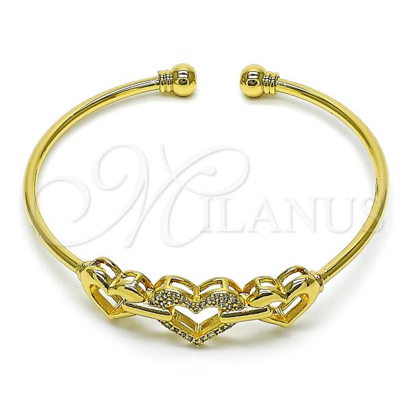 Oro Laminado Individual Bangle, Gold Filled Style Heart Design, with White Micro Pave, Polished, Golden Finish, 07.282.0004