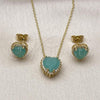 Oro Laminado Earring and Pendant Adult Set, Gold Filled Style Heart and Cluster Design, with Turquoise Cubic Zirconia and White Micro Pave, Polished, Golden Finish, 10.156.0526