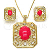 Oro Laminado Earring and Pendant Adult Set, Gold Filled Style with Ruby Opal and White Crystal, Resin Finish, Golden Finish, 10.262.0007.3