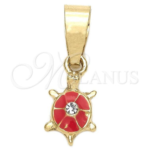 Oro Laminado Fancy Pendant, Gold Filled Style Turtle Design, with White Crystal, Orange Enamel Finish, Golden Finish, 05.163.0061.1