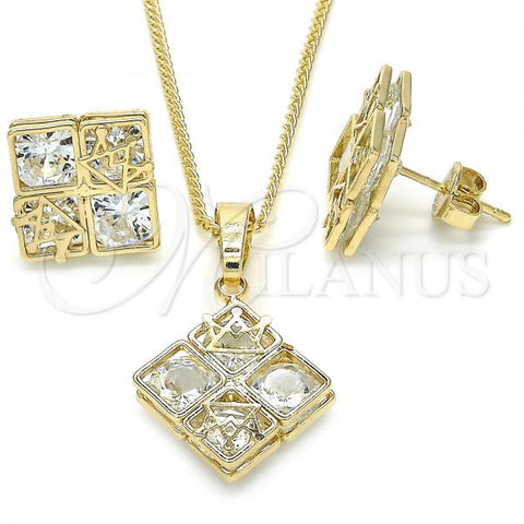 Oro Laminado Earring and Pendant Adult Set, Gold Filled Style Crown Design, with White Cubic Zirconia, Polished, Golden Finish, 10.106.0006