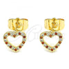 Oro Laminado Stud Earring, Gold Filled Style Heart Design, with Garnet and White Micro Pave, Polished, Golden Finish, 02.233.0049.1