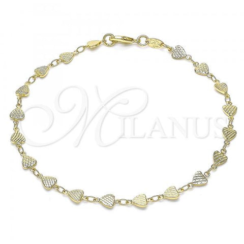 Oro Laminado Fancy Anklet, Gold Filled Style Heart Design, Diamond Cutting Finish, Golden Finish, 03.326.0024.10