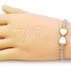 Oro Laminado Fancy Bracelet, Gold Filled Style Heart and Baguette Design, with Ivory Mother of Pearl and White Cubic Zirconia, Polished, Golden Finish, 03.284.0050.2.07