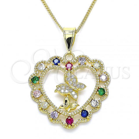 Oro Laminado Pendant Necklace, Gold Filled Style Heart and Butterfly Design, with Multicolor Cubic Zirconia and White Micro Pave, Polished, Golden Finish, 04.253.0019.20