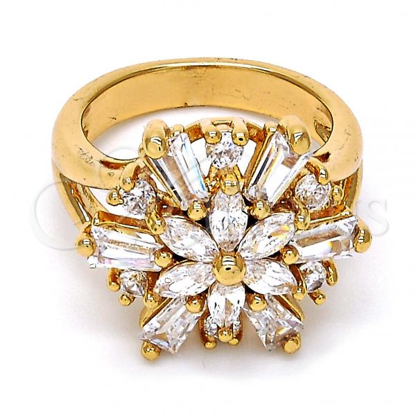 Oro Laminado Multi Stone Ring, Gold Filled Style Flower Design, with White Cubic Zirconia, Polished, Golden Finish, 01.210.0037.08 (Size 8)