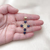 Oro Laminado Religious Pendant, Gold Filled Style Cross and Guadalupe Design, with Sapphire Blue and White Cubic Zirconia, Polished, Golden Finish, 05.342.0228.1