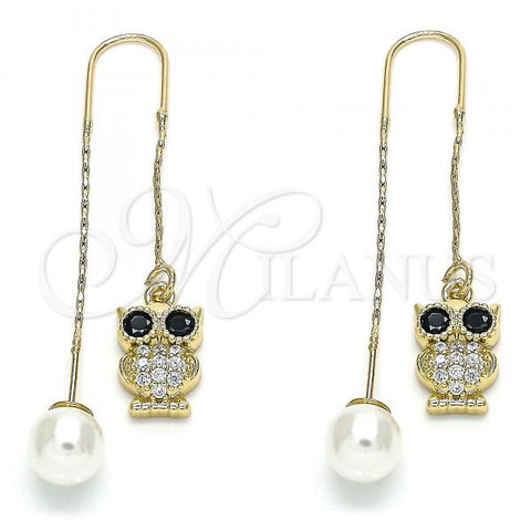 Oro Laminado Threader Earring, Gold Filled Style Owl Design, with Black and White Micro Pave, Polished, Golden Finish, 02.210.0347