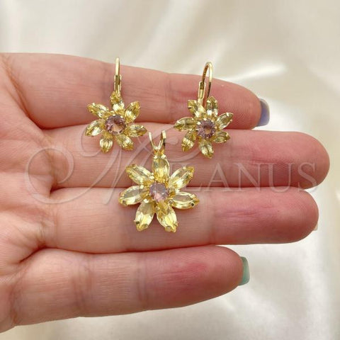 Oro Laminado Earring and Pendant Adult Set, Gold Filled Style Flower Design, with Amethyst and White Cubic Zirconia, Polished, Golden Finish, 5.056.003