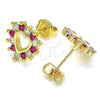 Oro Laminado Stud Earring, Gold Filled Style Heart Design, with Garnet and White Micro Pave, Polished, Golden Finish, 02.233.0024.2