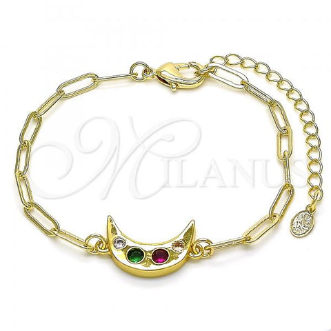 Oro Laminado Fancy Bracelet, Gold Filled Style Moon and Paperclip Design, with Multicolor Cubic Zirconia, Polished, Golden Finish, 03.207.0104.07