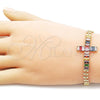 Oro Laminado Fancy Bracelet, Gold Filled Style Cross and Baguette Design, with Multicolor Cubic Zirconia, Polished, Golden Finish, 03.424.0006.3.08