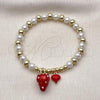 Oro Laminado Fancy Bracelet, Gold Filled Style Strawberry and Heart Design, with Ivory Pearl, Red Enamel Finish, Golden Finish, 03.417.0012.08