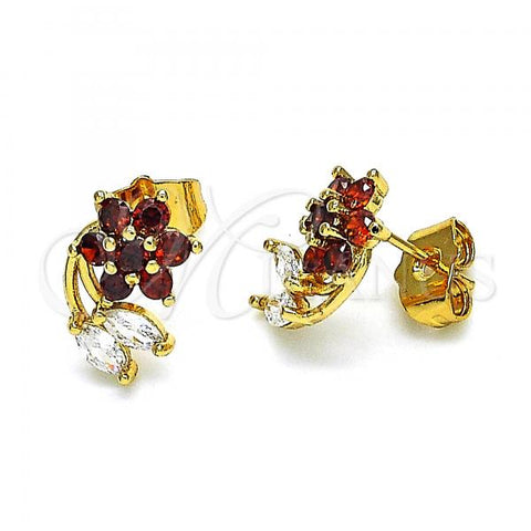 Oro Laminado Stud Earring, Gold Filled Style Flower and Leaf Design, with Garnet and White Cubic Zirconia, Polished, Golden Finish, 02.387.0093