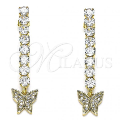 Oro Laminado Long Earring, Gold Filled Style Butterfly Design, with White Cubic Zirconia and White Micro Pave, Polished, Golden Finish, 02.283.0033