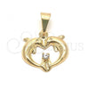 Oro Laminado Fancy Pendant, Gold Filled Style Dolphin and Heart Design, with White Cubic Zirconia, Polished, Golden Finish, 05.32.0071