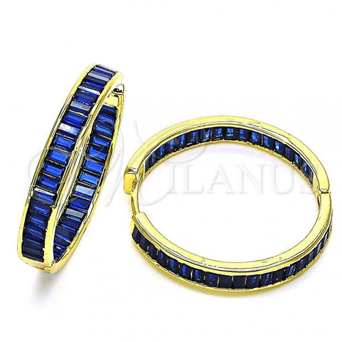 Oro Laminado Huggie Hoop, Gold Filled Style Baguette Design, with Sapphire Blue Cubic Zirconia, Polished, Golden Finish, 02.341.0131.4.35