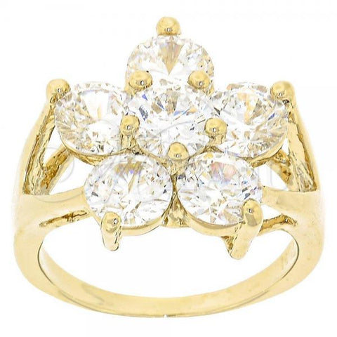Oro Laminado Multi Stone Ring, Gold Filled Style Flower Design, with White Cubic Zirconia, Polished, Golden Finish, 5.165.013.06 (Size 6)