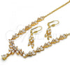 Oro Laminado Necklace and Earring, Gold Filled Style Teardrop and Leaf Design, with White Cubic Zirconia, Polished, Golden Finish, 06.221.0002