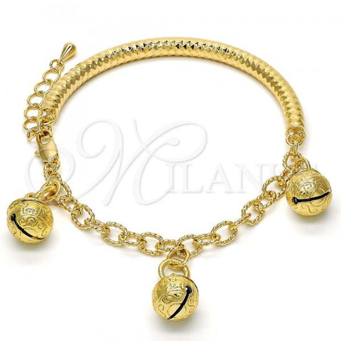 Oro Laminado Charm Bracelet, Gold Filled Style Rattle Charm and Hollow Design, Diamond Cutting Finish, Golden Finish, 03.63.1825.08