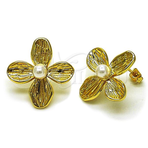 Oro Laminado Stud Earring, Gold Filled Style Leaf and Ball Design, with Ivory Pearl, Diamond Cutting Finish, Golden Finish, 02.341.0247