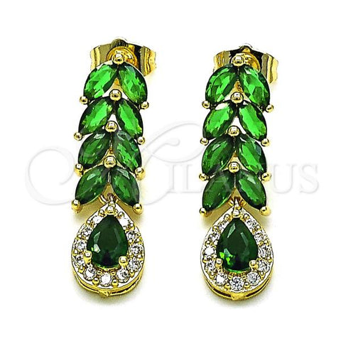 Oro Laminado Long Earring, Gold Filled Style Leaf and Teardrop Design, with Green Cubic Zirconia and White Micro Pave, Polished, Golden Finish, 02.346.0020.1