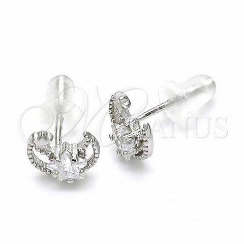 Sterling Silver Stud Earring, Moon and Star Design, with White Cubic Zirconia, Polished, Rhodium Finish, 02.367.0005