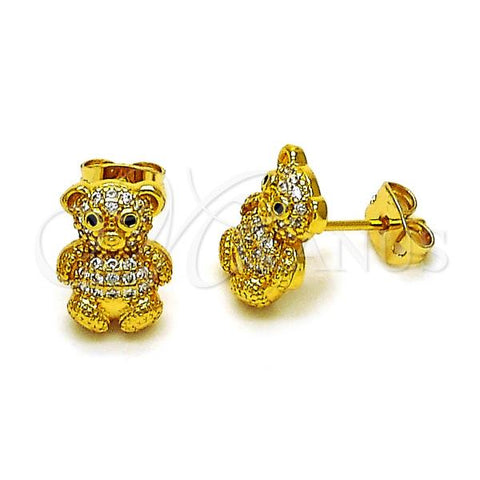 Oro Laminado Stud Earring, Gold Filled Style Teddy Bear Design, with White and Black Micro Pave, Polished, Golden Finish, 02.342.0266