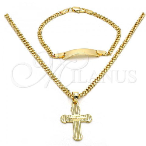 Oro Laminado Earring and Pendant Children Set, Gold Filled Style Cross Design, Diamond Cutting Finish, Golden Finish, 06.63.0183