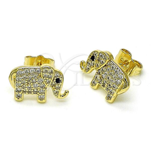 Oro Laminado Stud Earring, Gold Filled Style Elephant Design, with White and Black Micro Pave, Polished, Golden Finish, 02.411.0023