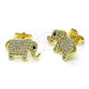 Oro Laminado Stud Earring, Gold Filled Style Elephant Design, with White and Black Micro Pave, Polished, Golden Finish, 02.411.0023