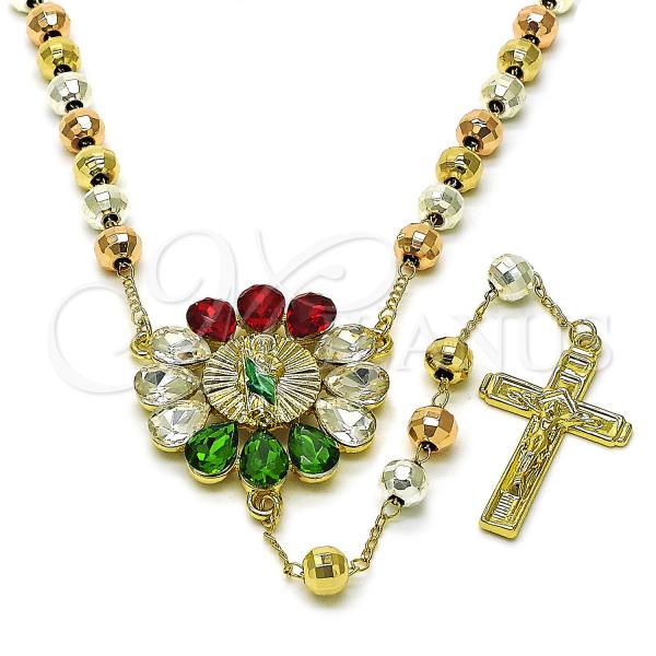 Oro Laminado Medium Rosary, Gold Filled Style San Judas Design, with Multicolor Crystal, Diamond Cutting Finish, Tricolor, 09.411.0002.24