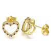 Oro Laminado Stud Earring, Gold Filled Style Heart Design, with Garnet and White Micro Pave, Polished, Golden Finish, 02.94.0093.1