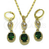 Oro Laminado Earring and Pendant Adult Set, Gold Filled Style Teardrop Design, with Green and White Cubic Zirconia, Polished, Golden Finish, 10.196.0082