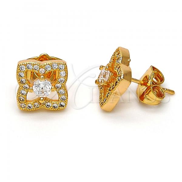 Oro Laminado Stud Earring, Gold Filled Style with White Cubic Zirconia and White Micro Pave, Polished, Golden Finish, 02.282.0006