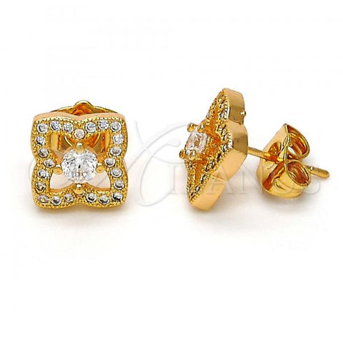 Oro Laminado Stud Earring, Gold Filled Style with White Cubic Zirconia and White Micro Pave, Polished, Golden Finish, 02.282.0006