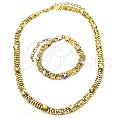 Oro Laminado Necklace and Bracelet, Gold Filled Style Heart Design, with Aurore Boreale Crystal, Polished, Golden Finish, 06.185.0016