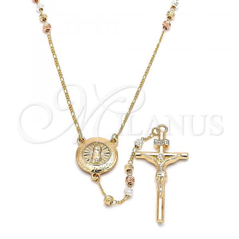 Oro Laminado Thin Rosary, Gold Filled Style Guadalupe and Crucifix Design, Diamond Cutting Finish, Tricolor, 09.380.0005.26
